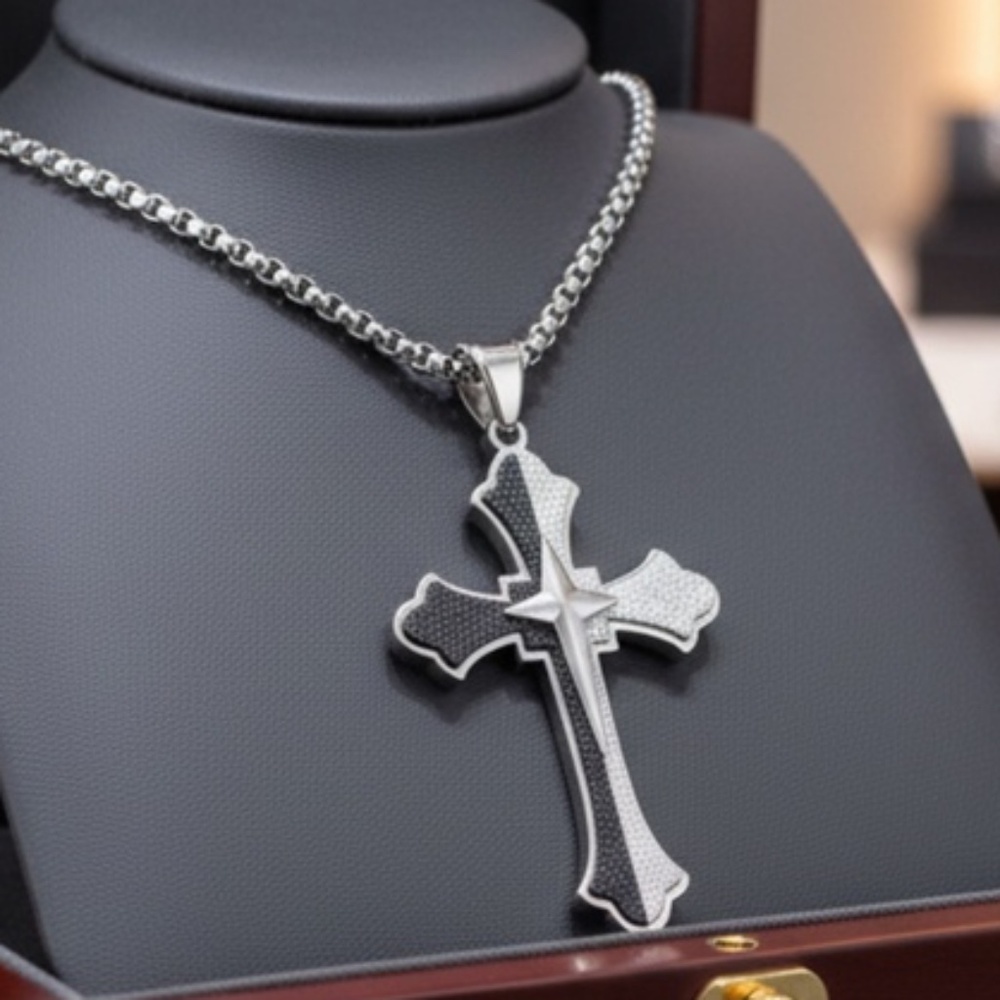 Mens Sliver Cross Pendant Necklace Stainless Steel Titanium‎ Black 24"